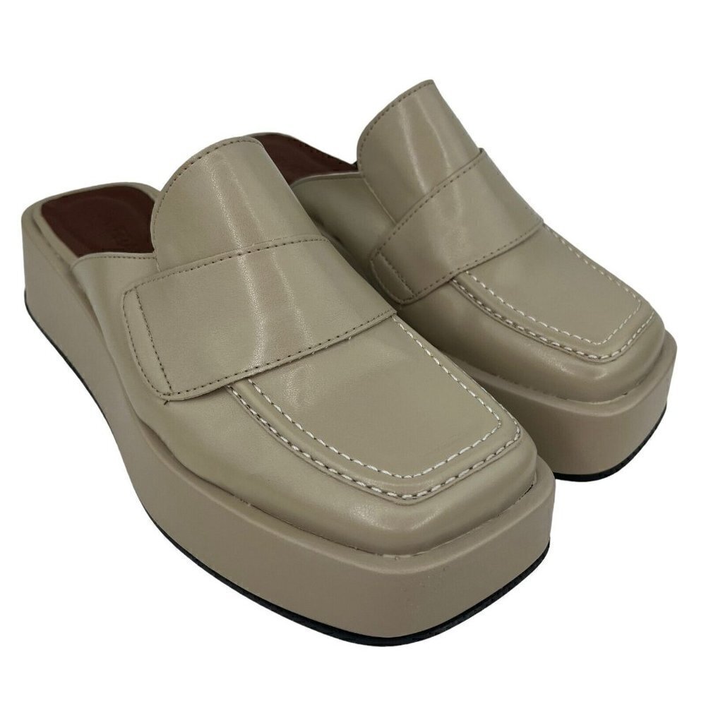 SVEGAN Women Mule Platform Loafer Vegan Leather Backless Size 38 US 7-7.5 Beige